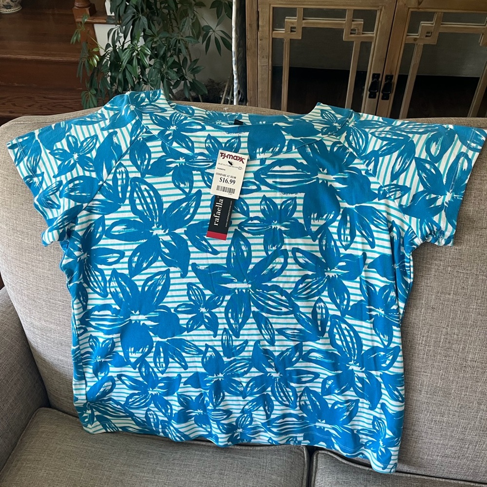 Rafaella Teal Floral Striped Knit Top